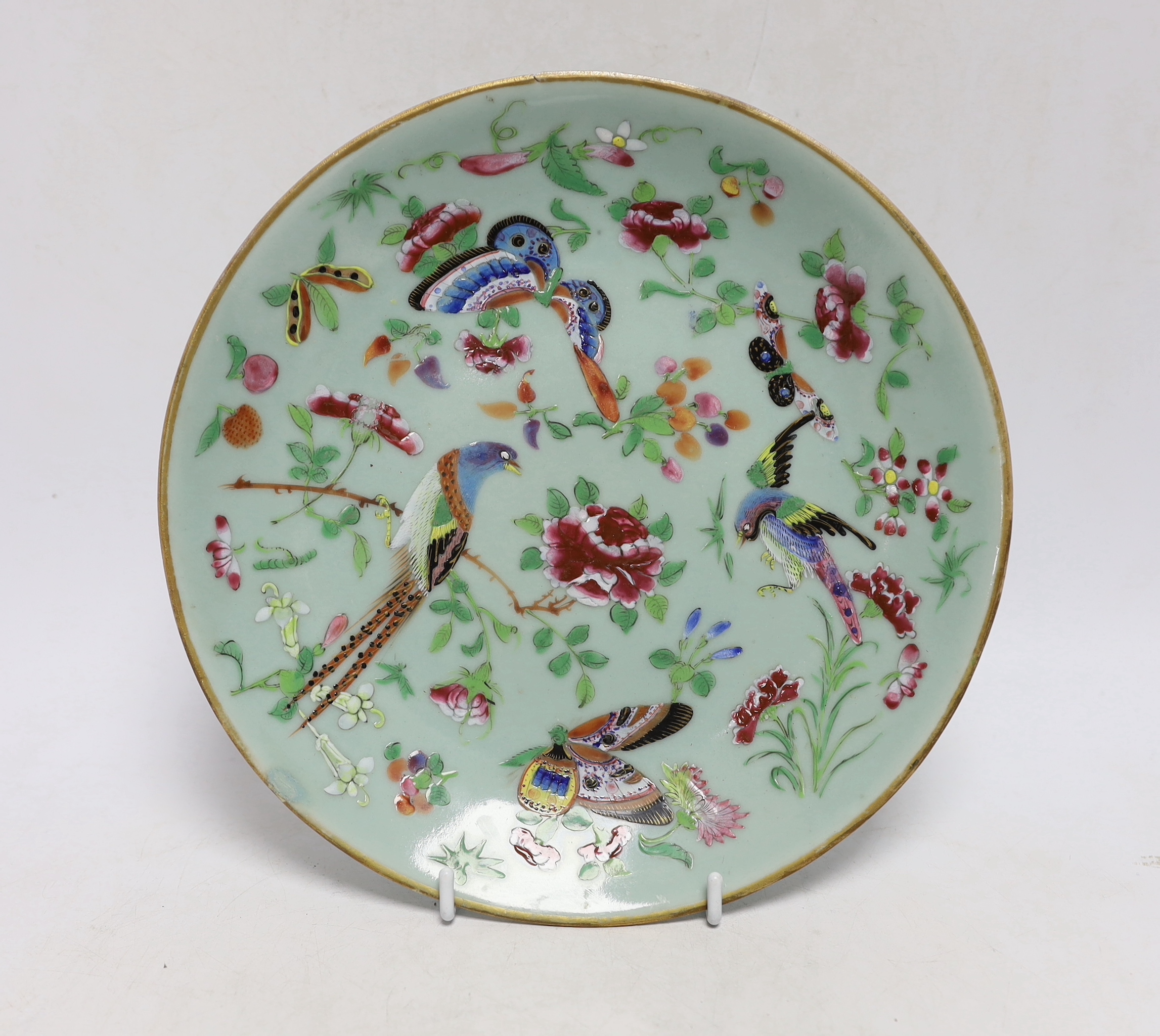 A Chinese famille rose plate and a cloisonné enamel bowl, bowl 30cm diameter